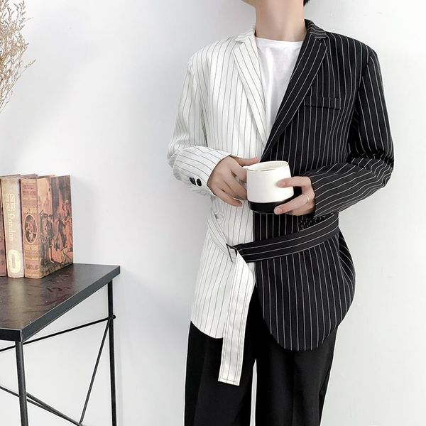 fashion men blazer striped patchwork streetwear long sleeve lapel korean mens casual suit with belt coats fitness, White;black
fashion men blazer striped patchwork streetwear long sleeve lapel korean mens casual suit with belt coats fitness, White;black