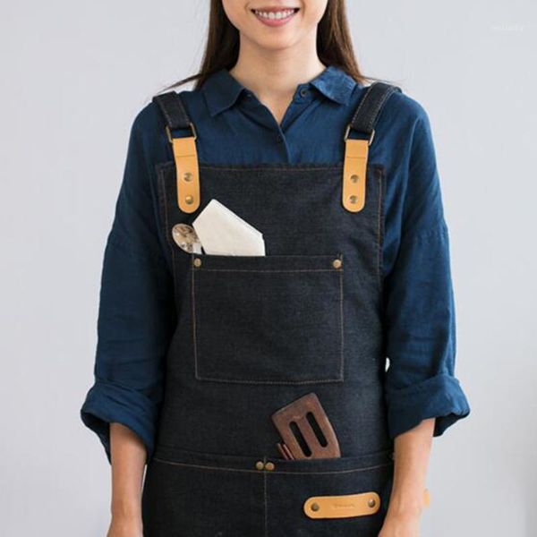 aprons denim apron kitchen bbq cleaning cross strap bartender cowboy antifouling chef pinafore delantal tablier coffee shop1