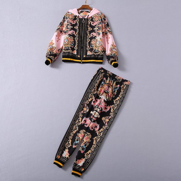 european and american women's wear 2020 winter new style long-sleeved hooded retro print coat trousers fashionable pink suit, White
european and american women's wear 2020 winter new style long-sleeved hooded retro print coat trousers fashionable pink suit, White