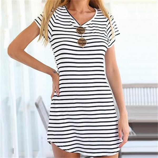 women's summer casual short sleeve round neck striped mini loose t-shirt, White
women's summer casual short sleeve round neck striped mini loose t-shirt, White
