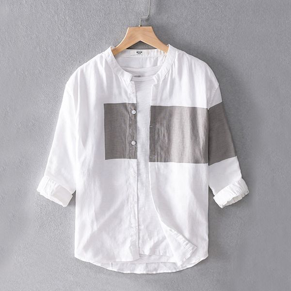 color matching stand collar cotton men's fashion loose trend korean 7 / 6 linen medium sleeve shirt, White;black
color matching stand collar cotton men's fashion loose trend korean 7 / 6 linen medium sleeve shirt, White;black