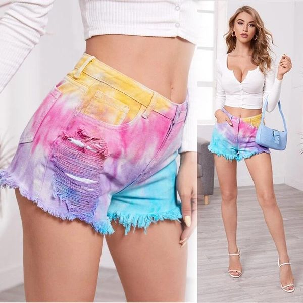women's jeans 2021 spring and summer tie dyed tassel leg hole loose denim shorts, Blue