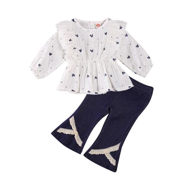 girl's two piece set, baby's sleeve stripes heart printing children's jacquard stretch flared pants, White
girl's two piece set, baby's sleeve stripes heart printing children's jacquard stretch flared pants, White