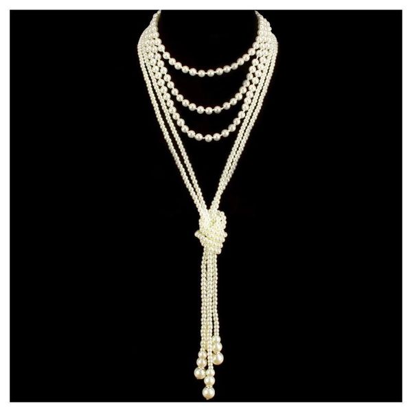 wholesale new fashion long knotted sweater necklaces multilayer imitation pearl necklace for women wedding bride necklace, Silver