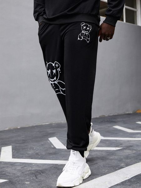 extended sizes men bear print drawstring waist sweatpants l6kg#, Black
extended sizes men bear print drawstring waist sweatpants l6kg#, Black