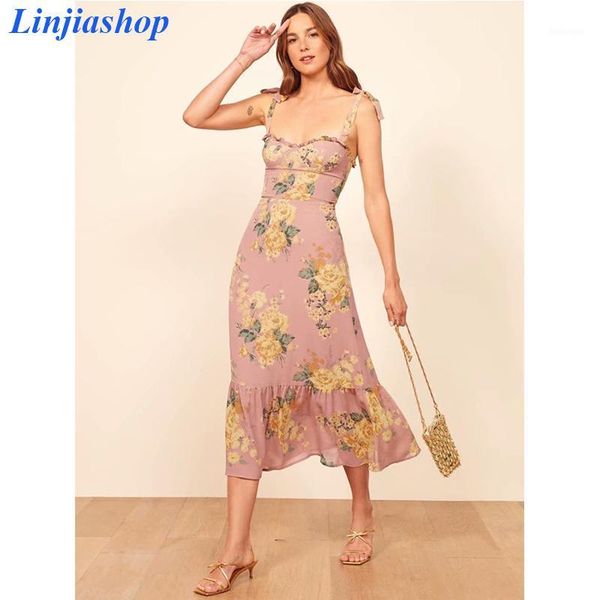 vintage elegant spaghetti straps ruffles midi dress women french chiffon pink floral print women dress female vestidos1, Black;gray
vintage elegant spaghetti straps ruffles midi dress women french chiffon pink floral print women dress female vestidos1, Black;gray