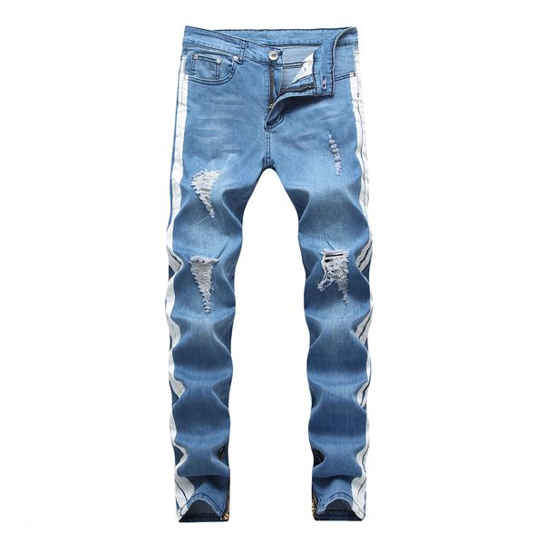 high style, broken thigh, elastic slim fit, small leg jeans, personalized men's street beggar style, Blue
high style, broken thigh, elastic slim fit, small leg jeans, personalized men's street beggar style, Blue