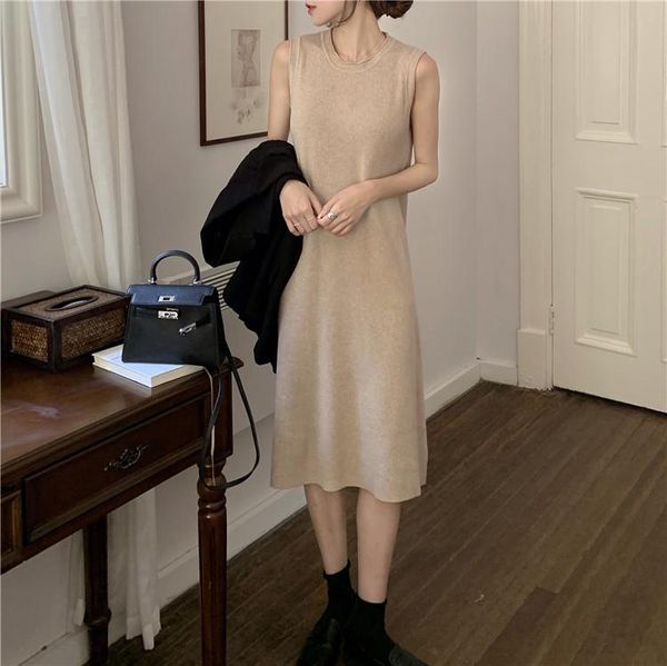 coigarsam knitting women dress spring sleeveless o-neck dresses black apricot 7088, Black;gray 
coigarsam knitting women dress spring sleeveless o-neck dresses black apricot 7088, Black;gray