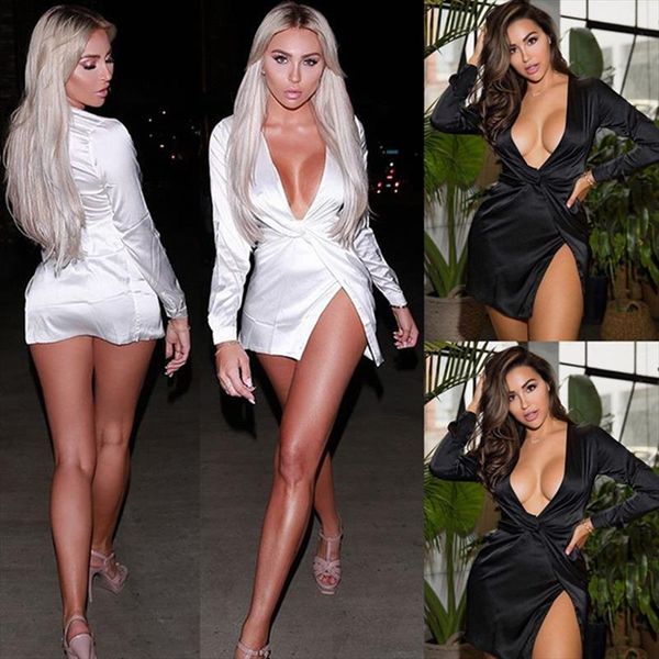 women summer long sleeve deep v neck satin mini dress ladies short knot wrap split party dresses, Black;gray
women summer long sleeve deep v neck satin mini dress ladies short knot wrap split party dresses, Black;gray