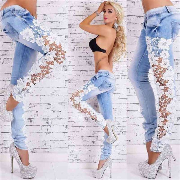 women jeans white lace patchwork elegant denim hollow out washed pencil skinny jeans, Blue 
women jeans white lace patchwork elegant denim hollow out washed pencil skinny jeans, Blue