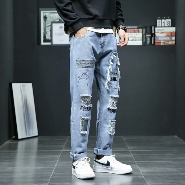 high street jeans with holes, male students handsome, korean straight tube casual personality ruffian handsome pants, Blue
high street jeans with holes, male students handsome, korean straight tube casual personality ruffian handsome pants, Blue
