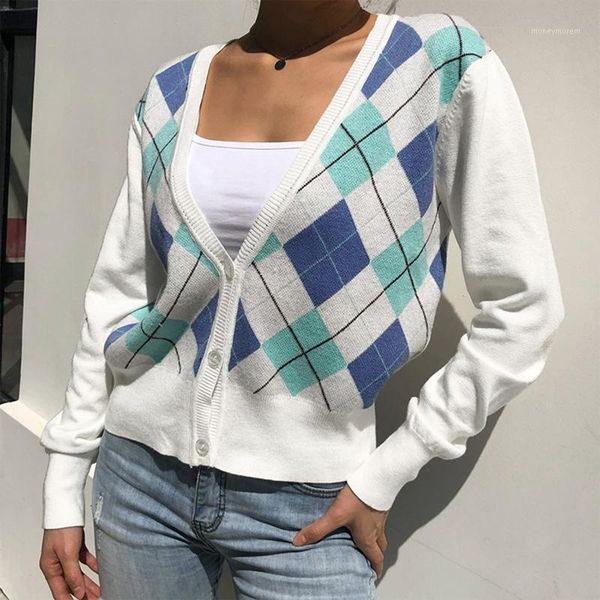 women long sleeve argyle plaid knitted cardigan deep v-neck button sweater coat1, White
women long sleeve argyle plaid knitted cardigan deep v-neck button sweater coat1, White