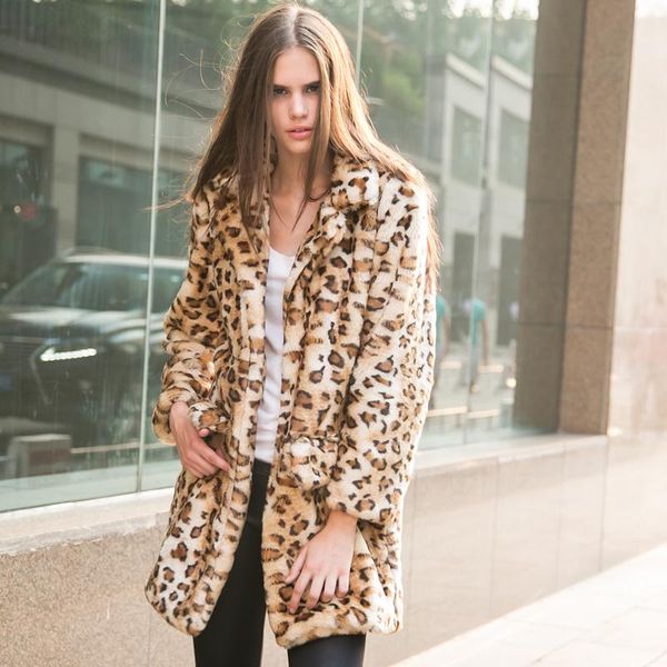 women's fur & faux leopard print medium-long artificial leather paragraph suit outerwear eco-friendly overcoat, Black
women's fur & faux leopard print medium-long artificial leather paragraph suit outerwear eco-friendly overcoat, Black