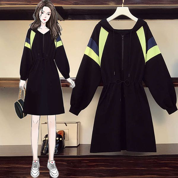 large size women's clothing spring and autumn 2020 new fat sister foreign style thin cover belly reduce age fashion sweater dress, Black 
large size women's clothing spring and autumn 2020 new fat sister foreign style thin cover belly reduce age fashion sweater dress, Black