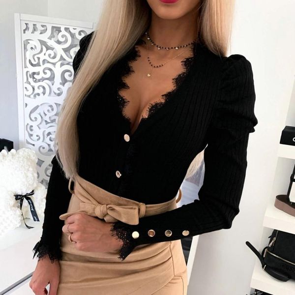 2019 women's knited blouse tight basic shirt autumn and winter fashion lace long sleeve v neck shirts casual blouse mujer, White
2019 women's knited blouse tight basic shirt autumn and winter fashion lace long sleeve v neck shirts casual blouse mujer, White