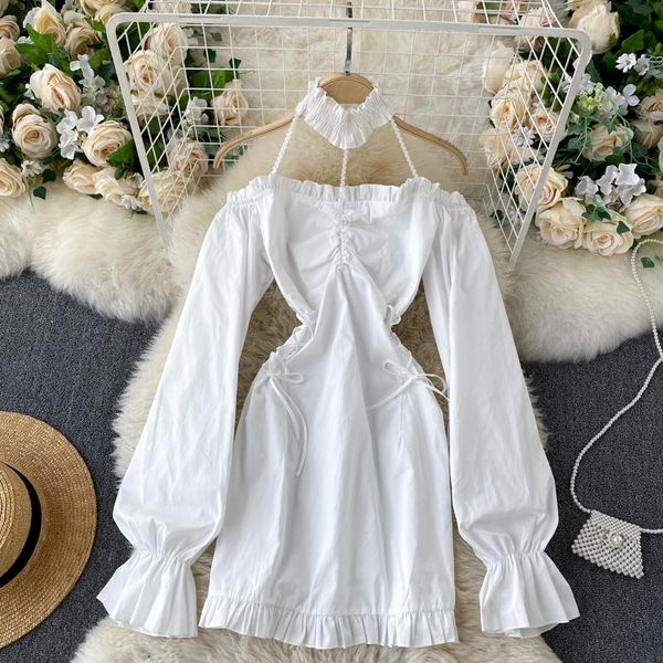 casual dresses sweet side neck strapless long-sleeved halter dress female design sense strap, Black;gray