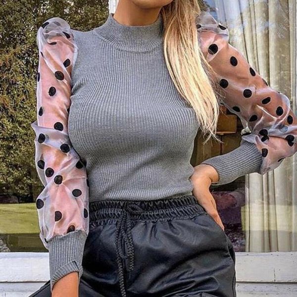 women ribbed knitted shirt spring sheer mesh polka dot puff long sleeve loose casual polka dots blouse elegant turtleneck, White
women ribbed knitted shirt spring sheer mesh polka dot puff long sleeve loose casual polka dots blouse elegant turtleneck, White