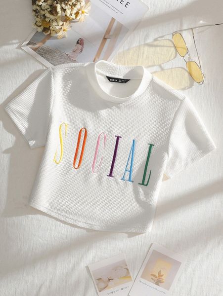 mock neck letter embroidery waffle knit tee s3r0#, White