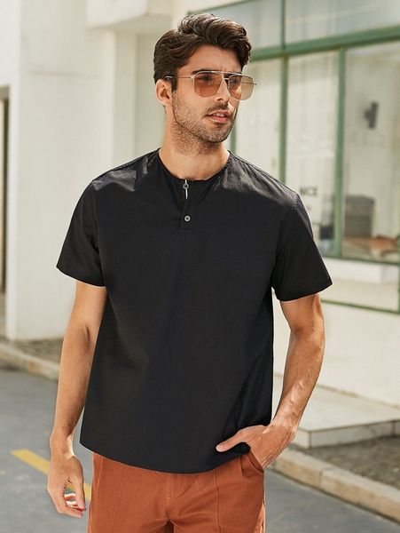 men solid quarter button shirt d62h#, White;black 
men solid quarter button shirt d62h#, White;black