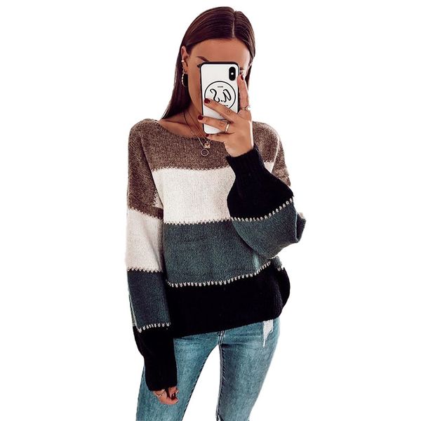 2021 new warm sweaters for women retro chic splicing color winter o neck girls clothing knitted female long sleeve pullover sweet ld03, White 
2021 new warm sweaters for women retro chic splicing color winter o neck girls clothing knitted female long sleeve pullover sweet ld03, White