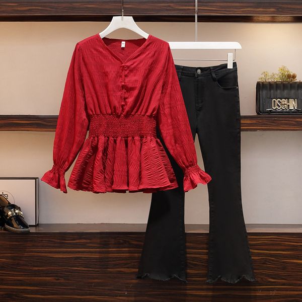 early autumn 2020 large women's suit design with waist closing thin ruffle shirt and fat mm two piece set jeans and jeansshirt jeans 4a, Gray
early autumn 2020 large women's suit design with waist closing thin ruffle shirt and fat mm two piece set jeans and jeansshirt jeans 4a, Gray