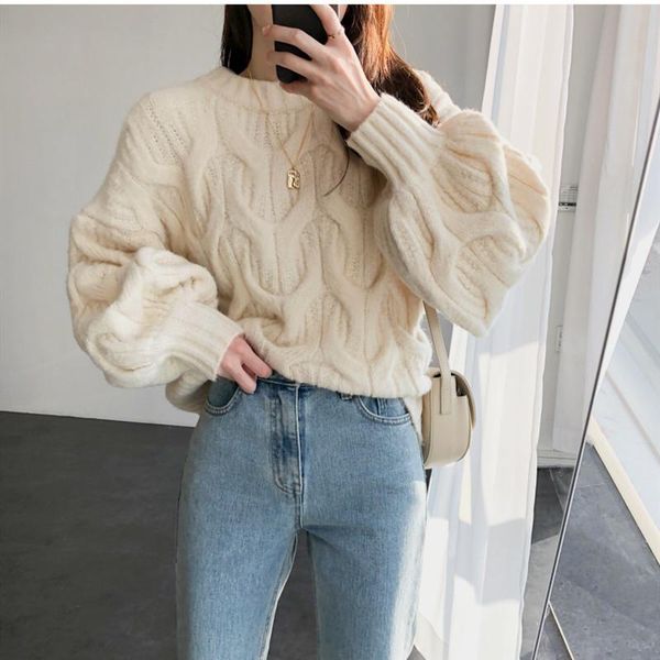 women's sweaters 2021 winter lantern sleeve coarse yarn loose casual thicken pullover knitted sweater, White;black
women's sweaters 2021 winter lantern sleeve coarse yarn loose casual thicken pullover knitted sweater, White;black