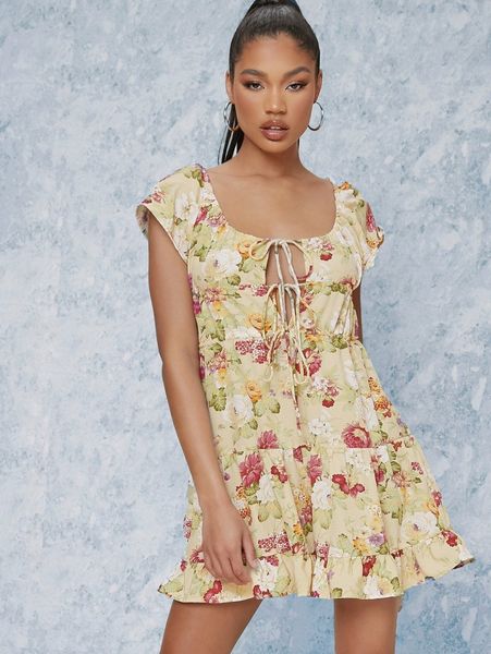 floral print self-tie tiered ruffled smock dress e69x#, White 
floral print self-tie tiered ruffled smock dress e69x#, White