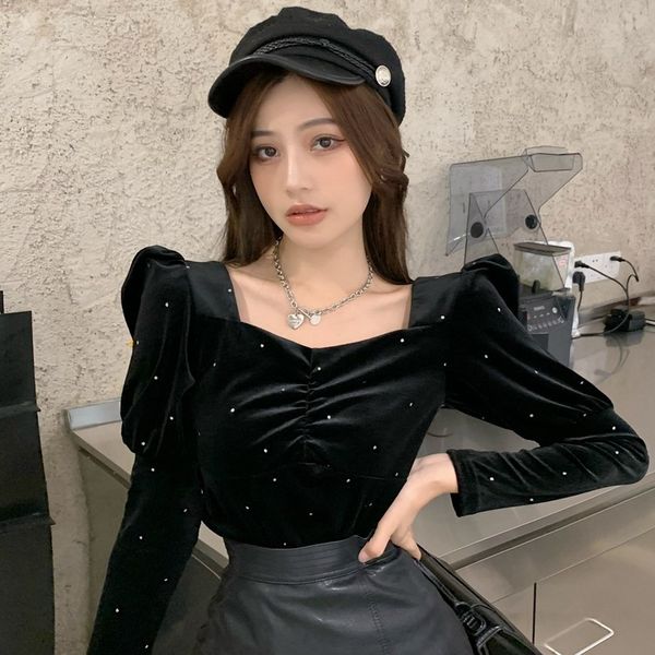 autumn 2020 new slim square neck bubble long sleeve short black velvet t-shirt bottoming shirt for women
autumn 2020 new slim square neck bubble long sleeve short black velvet t-shirt bottoming shirt for women