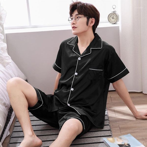men summer pajamas sets men's satin silk homewear pajamas short sleeve pants thin large size men's nightgown1, Black;brown
men summer pajamas sets men's satin silk homewear pajamas short sleeve pants thin large size men's nightgown1, Black;brown