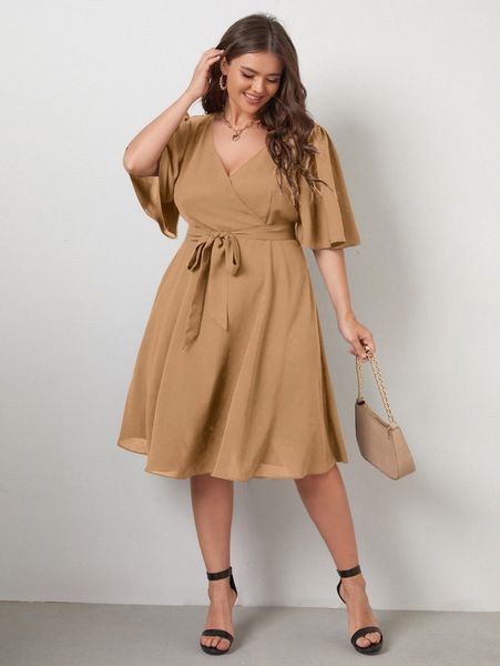 plus butterfly sleeve self tie dress d80o#, Black
plus butterfly sleeve self tie dress d80o#, Black