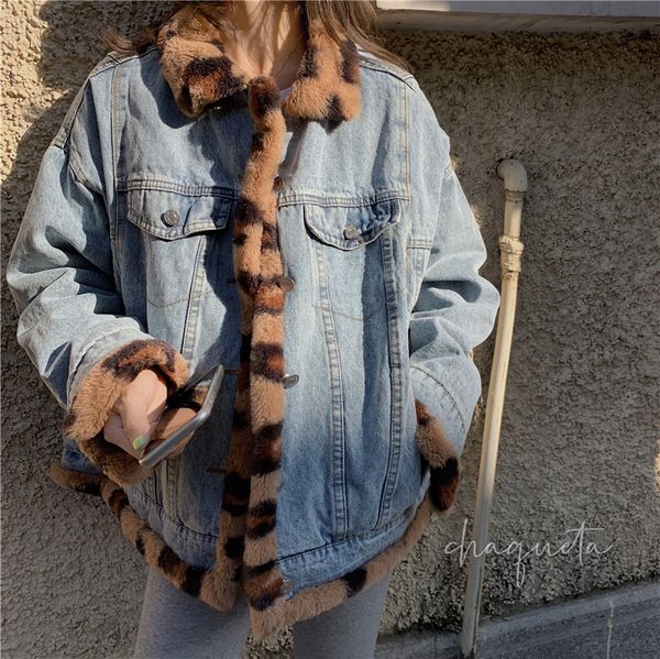 thick and warm denim coat with leopard pattern on both sides, Black;brown