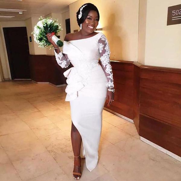 african black girls sheath side split bridesmaid dresses off shoulder long sleeves maid of honor gowns floor length wedding guest dress, White;pink 
african black girls sheath side split bridesmaid dresses off shoulder long sleeves maid of honor gowns floor length wedding guest dress, White;pink