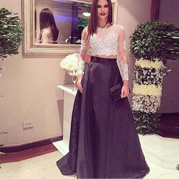 two pieces prom dresses long sleeves lace aappliqued plus size evening formal party gowns with beaded, Black
two pieces prom dresses long sleeves lace aappliqued plus size evening formal party gowns with beaded, Black