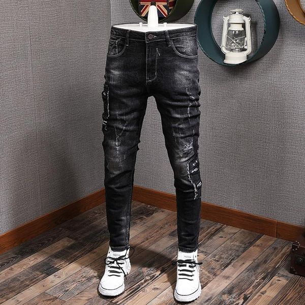 men's jeans ly designer fashion men black color elastic slim fit ripped denim pants korean style hip hop long trousers, Blue
men's jeans ly designer fashion men black color elastic slim fit ripped denim pants korean style hip hop long trousers, Blue