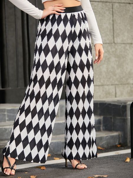 plus argyle print plisse wide leg pants e6et#, Black 
plus argyle print plisse wide leg pants e6et#, Black