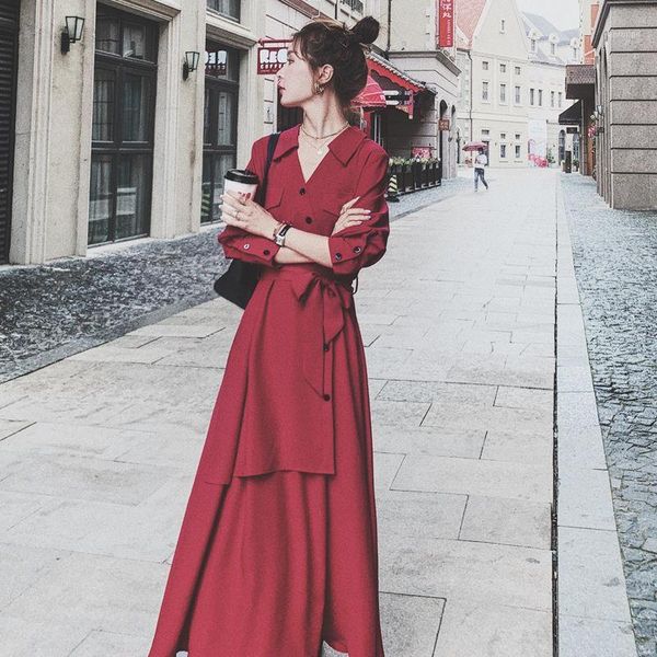 women autumn spring long dress maxi long sleeve high waist sashes turn down callor one peice slim fitted iregular korean vintage1, Black;gray
women autumn spring long dress maxi long sleeve high waist sashes turn down callor one peice slim fitted iregular korean vintage1, Black;gray