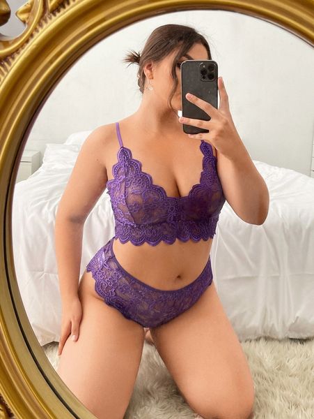 plus floral lace scallop trim lingerie set i6xy#, Black;white
plus floral lace scallop trim lingerie set i6xy#, Black;white