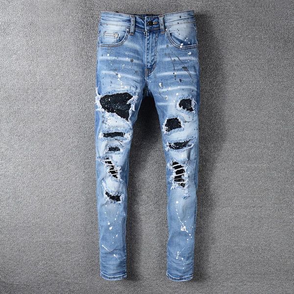 high street fashion men jeans blue color slim fit destroyed ripped jeans men broken pants paint designer patchwork hip hop
high street fashion men jeans blue color slim fit destroyed ripped jeans men broken pants paint designer patchwork hip hop