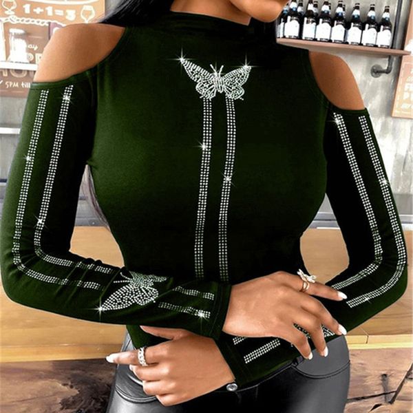 women solid color slim shirts mock neck cold shoulder rhinestone butterfly decor pullover long sleeve bare shoulder shirt br1o, White
women solid color slim shirts mock neck cold shoulder rhinestone butterfly decor pullover long sleeve bare shoulder shirt br1o, White