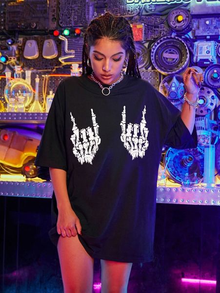 skeleton hand print oversized tee v8ji#, White 
skeleton hand print oversized tee v8ji#, White
