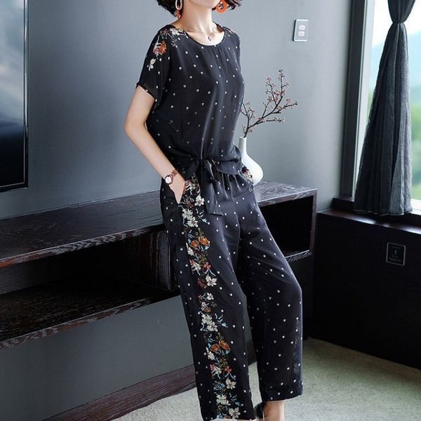 female piece sets of floral stamped two outfits wear vintage leg wide pants ic1h, White
female piece sets of floral stamped two outfits wear vintage leg wide pants ic1h, White