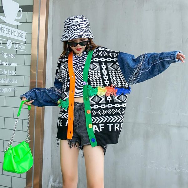 women's jackets tide brand street autumn and winter knitted sweater stitching denim sleeves fashionable loose jacket women, Black;brown
women's jackets tide brand street autumn and winter knitted sweater stitching denim sleeves fashionable loose jacket women, Black;brown