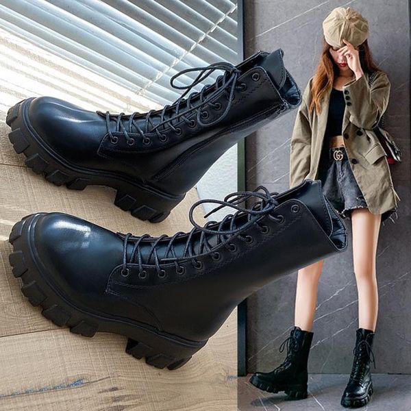 boots women's handsome thick sole black high side zipper motorcycle