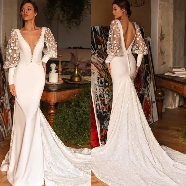 backless lace floral mermaid wedding dresses deep v neck beach bridal gowns long sleeves sweep train plus size vestido de, White
backless lace floral mermaid wedding dresses deep v neck beach bridal gowns long sleeves sweep train plus size vestido de, White