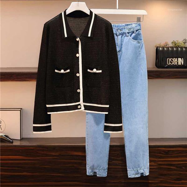 large size jeans female 2020 autumn new knitted cardigan coat +jeans set two-piece sets women loose blue denim pants suits femme1, Gray
large size jeans female 2020 autumn new knitted cardigan coat +jeans set two-piece sets women loose blue denim pants suits femme1, Gray