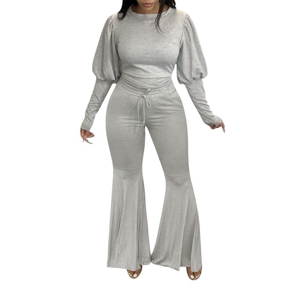 women puff sleeve clothing suit crew neck loose tshirt lace up bootcut pants ladies solid color two piece pants, White
women puff sleeve clothing suit crew neck loose tshirt lace up bootcut pants ladies solid color two piece pants, White