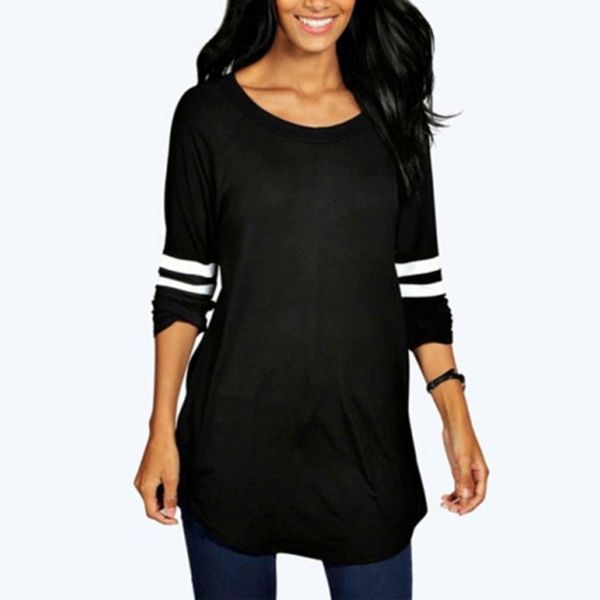 women's round neck long sleeve stripe splice loose t shirt, White
women's round neck long sleeve stripe splice loose t shirt, White