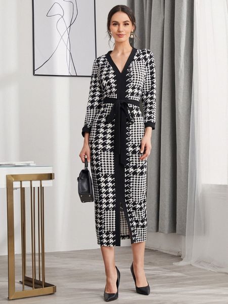 houndstooth split hem belted dress b1ky#, Black;gray