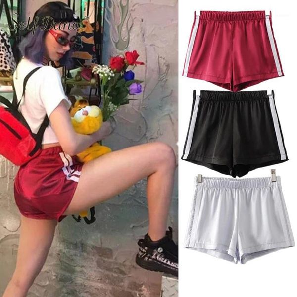 self duna 2020 summer women satin shorts striped stretch black red pink casual reversible wid waist female mini shorts1, White;black
self duna 2020 summer women satin shorts striped stretch black red pink casual reversible wid waist female mini shorts1, White;black