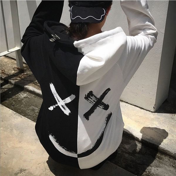 european and american style new smiley print stitching sweater men and women hip-hop hip-hop personality loose hooded sweater, Black
european and american style new smiley print stitching sweater men and women hip-hop hip-hop personality loose hooded sweater, Black